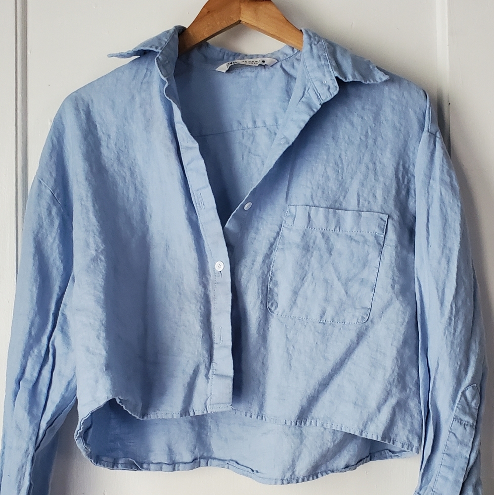 Zara Blue Cropped Linen Top
